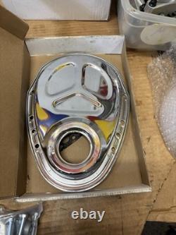 Small Block Chevy Fabricated Valve Covers Plus Edelbrock Timing Cover Chrome