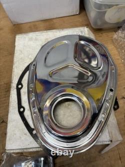 Small Block Chevy Fabricated Valve Covers Plus Edelbrock Timing Cover Chrome