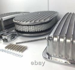 Small Block Chevy Finned Aluminum Short Valve Covers With 15'' Air Cleaner