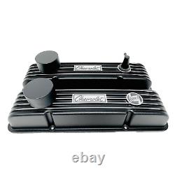 Small Block Chevy Finned Black Valve Covers, CUSTOM Engraved SET