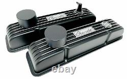 Small Block Chevy Finned Black Valve Covers, CUSTOM Engraved SET