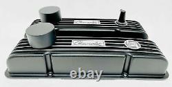 Small Block Chevy Finned Black Valve Covers, CUSTOM Engraved SET