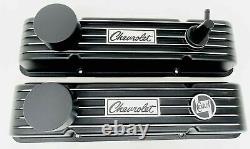 Small Block Chevy Finned Black Valve Covers, CUSTOM Engraved SET