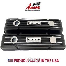 Small Block Chevy MOTION Logo Black Valve Covers, Finned Style 1 Ansen USA