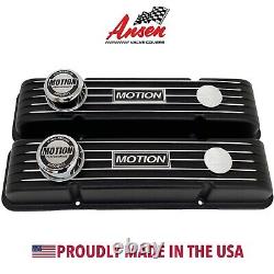 Small Block Chevy MOTION Logo Black Valve Covers and Breather Set Ansen USA