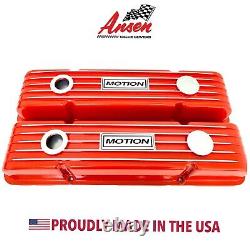 Small Block Chevy MOTION Logo Orange Valve Covers, Classic Finned Ansen USA