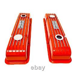 Small Block Chevy MOTION Logo Orange Valve Covers, Classic Finned Ansen USA