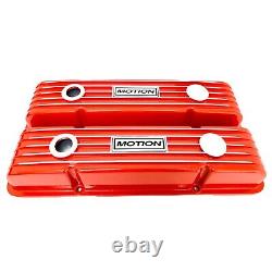 Small Block Chevy MOTION Logo Orange Valve Covers, Finned Ansen USA