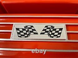 Small Block Chevy Orange Valve Covers, Classic Finned Flag Logo Ansen USA