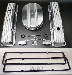 Small Block Chevy Polished Aluminum Finned Valve Covers & 12 Air Cleaner Gasket