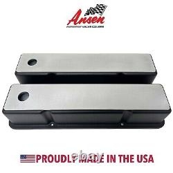 Small Block Chevy Tall BLACK Valve Covers With Custom Engravable Billet Top