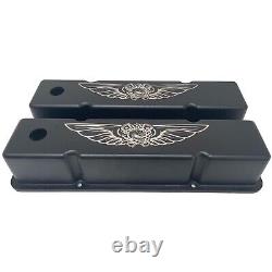 Small Block Chevy Tall Black Valve Covers Engraved Skeleton With Wings