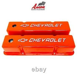 Small Block Chevy Tall ORANGE Valve Covers Chevrolet Bowtie Logo Ansen USA