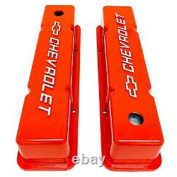 Small Block Chevy Tall ORANGE Valve Covers Chevrolet Bowtie Logo Ansen USA