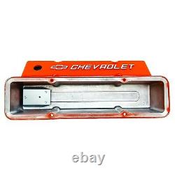 Small Block Chevy Tall ORANGE Valve Covers Chevrolet Bowtie Logo Ansen USA