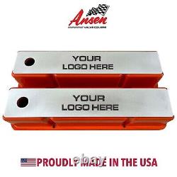 Small Block Chevy Tall ORANGE Valve Covers With Custom Engravable Billet Top