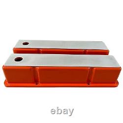 Small Block Chevy Tall ORANGE Valve Covers With Custom Engravable Billet Top