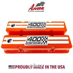 Small Block Chevy Tall Orange Valve Covers, 400 Cubic Inches, Custom Billet Top