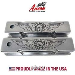 Small Block Chevy Tall Polished Valve Covers Custom Engraved Skeleton Design
