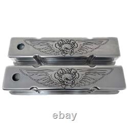 Small Block Chevy Tall Polished Valve Covers Engraved Skeleton Design