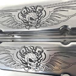 Small Block Chevy Tall Polished Valve Covers Engraved Skeleton Design