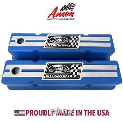 Small Block Chevy Tall Stroker Valve Covers F-U Skeleton Billet Top Blue