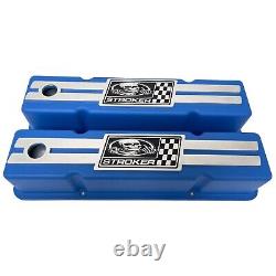 Small Block Chevy Tall Stroker Valve Covers F-U Skeleton Billet Top Blue