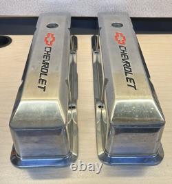 Small Block Chevy Tall Style Valve Covers (2). Chevrolet Logo/red Bowtie