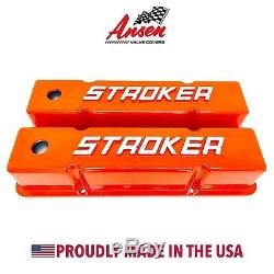 Small Block Chevy Tall Valve Covers- 383 STROKER Raised Letter Orange- Ansen USA