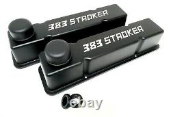 Small Block Chevy Tall Valve Covers, 383 Stroker, Black Powder Coated, Breathers