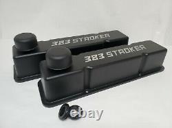 Small Block Chevy Tall Valve Covers, 383 Stroker, Black Powder Coated, Breathers