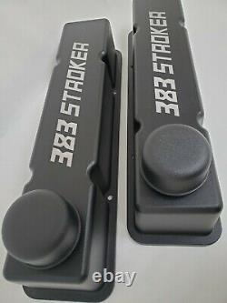 Small Block Chevy Tall Valve Covers, 383 Stroker, Black Powder Coated, Breathers