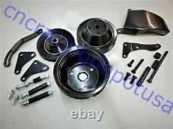 Small Block Chevy V-Belt 2 Groove Long Water Pump Pulley Kit Black Steel SBC 350