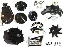 Small Block Chevy V Pulley Black Kit SBC 350 PS Pump & ALT & Long Water Pump